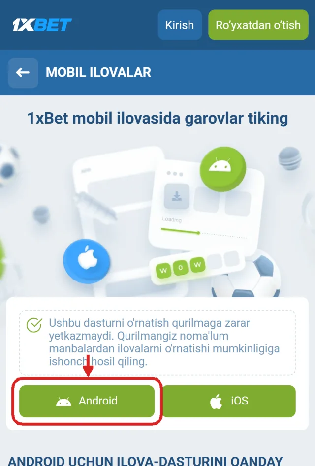 1xbet android yuklab olish tugmasi