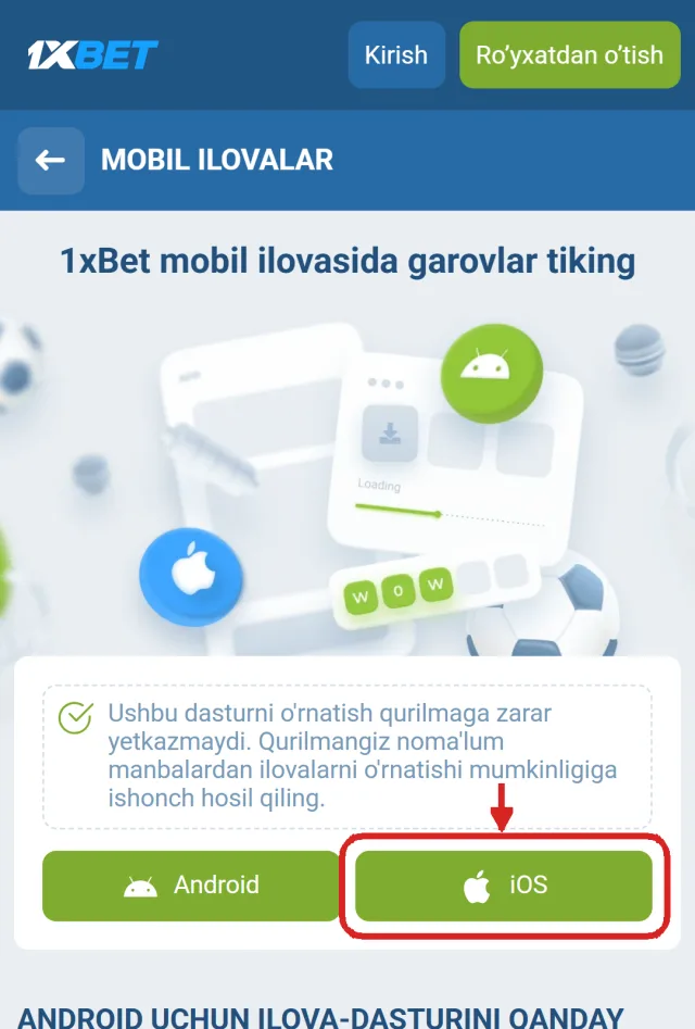 1xbet ios yuklab olish tugmasi