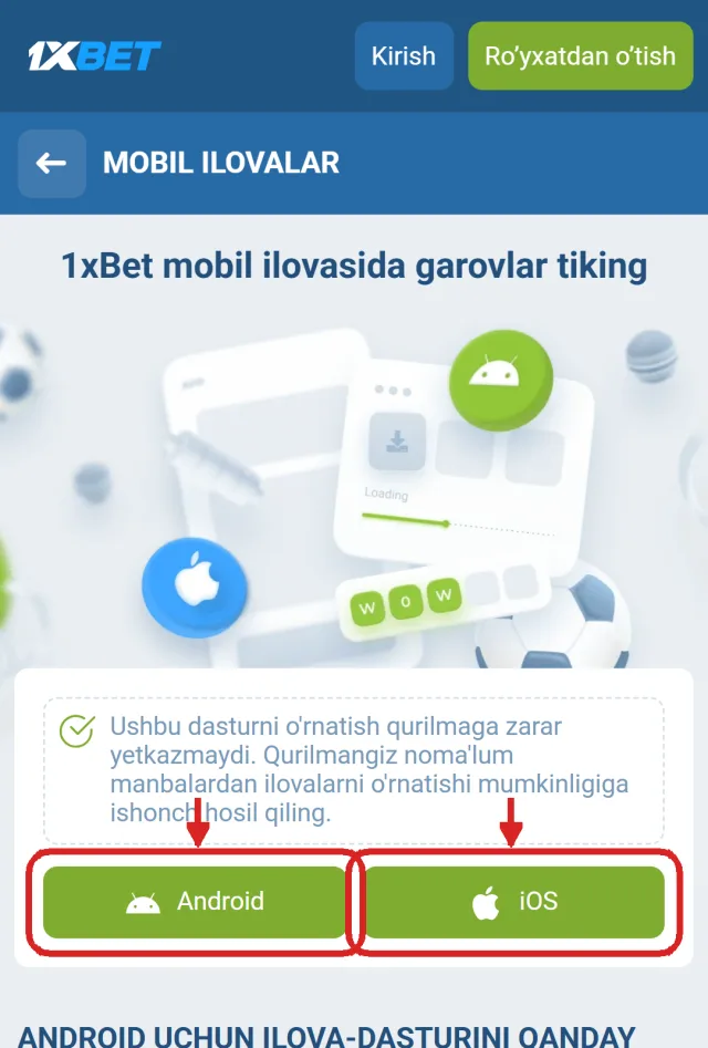 1xbet mobil ilova tanlash