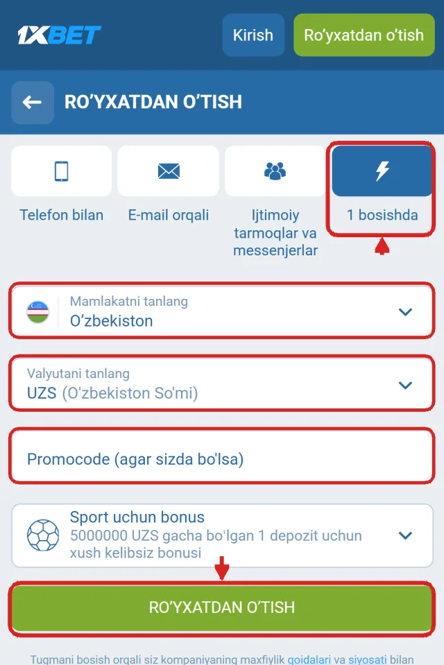 1xbet 1 bosishda ro’yxatdan o’tish